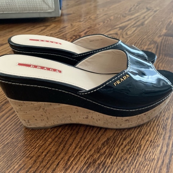 PRADA Black Patent Leather Wedge Slides - Picture 1 of 5